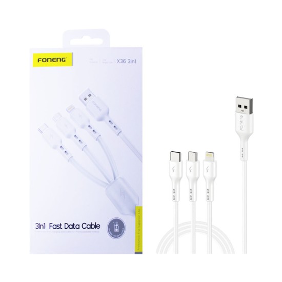 Cabo de Carregamento 3 em 1 Foneng X36 (Lightning+Type-C+Micro) 2,4A 1,2M Branco